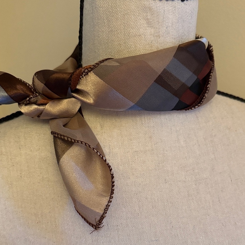 Vintage Brown Tan Checked Plaid Square Scarf for Neck Tie 20"
